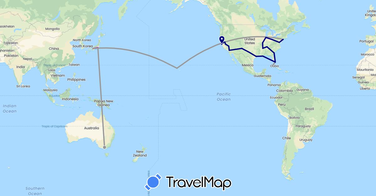 TravelMap itinerary: driving, plane, train in Australia, Cuba, Japan, United States (Asia, North America, Oceania)